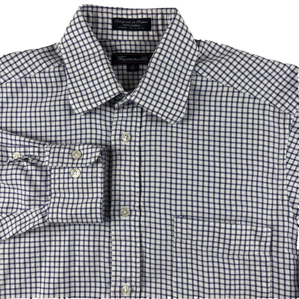 Faconnable Men's Long Sleeve Dress‎ Button Shirt Size 46" 15 L Blue White Plaid